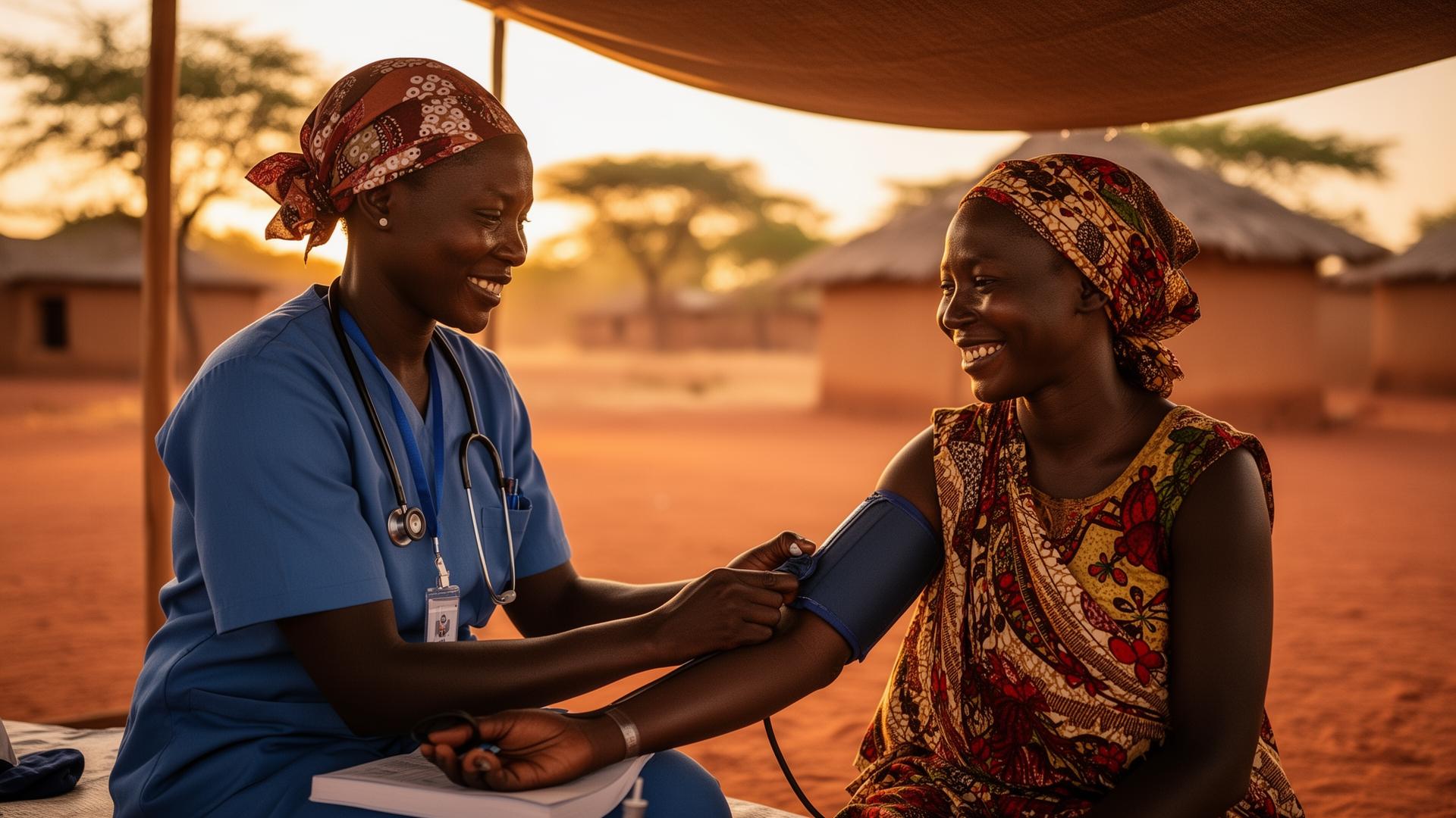 Community health worker performing cardiovascular screening in West Africa
